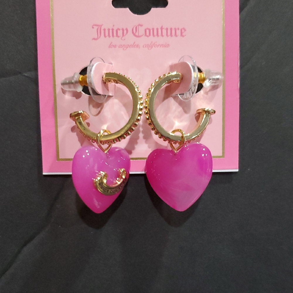 Juicy Couture dangling monogram pink heart enamel dotted half hoop earrings new